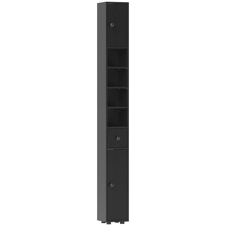 kleankin Hoher Badezimmerschrank, schmale Badsäule mit 1 Schublade, 4 offenen Regalböden und verstellbaren Einlegeböden, 2 Türen, moderner Stil, für kleine Räume, 20x20x180 cm, Schwarz   Aosom von Kleankin
