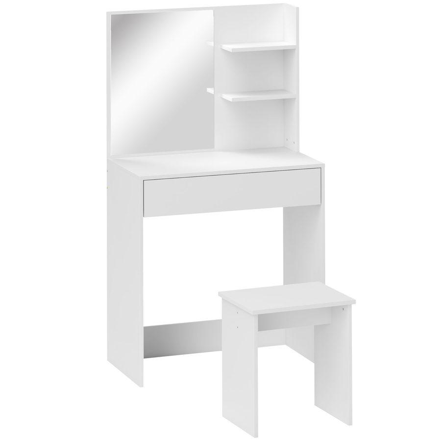 HOMCOM Schminktisch mit 3 Regalen und Schubladen mit Spiegel und passendem Hocker, Schminktisch aus Spanplatte, 75x40x137 cm, Weiß   Aosom von HOMCOM