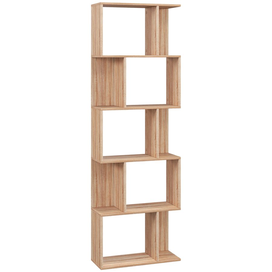 HOMCOM Bücherregal mit 5 geteilten Regalen, platzsparendes Holzregal in S-Form, Raumteilerregal für Wohnzimmer, Schlafzimmer und Büro, 60x24x184,5 cm, Holzfarbe   Aosom von HOMCOM