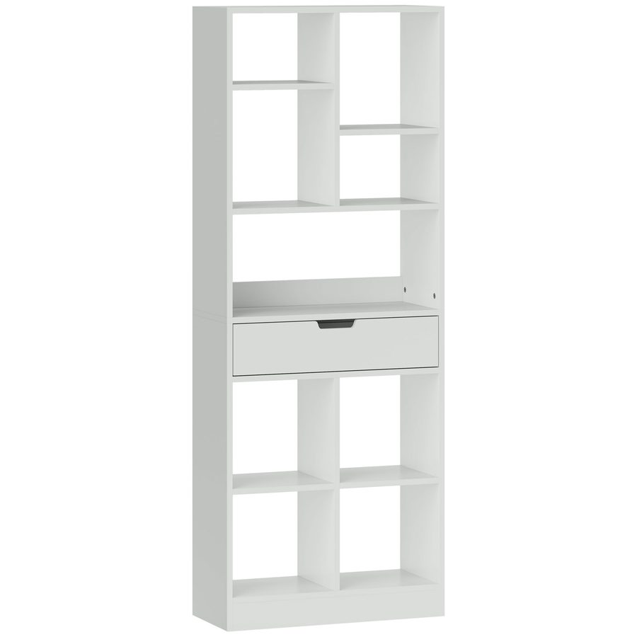 HOMCOM Bücherregal Standregal mit 9 Regalen, 1 Schublade, Aufbewahrungsregal mit Anti-Kippsicherung, Büroregal für Wohnzimmer, Büro, 60 x 26 x 158 cm, Weiß   Aosom von HOMCOM