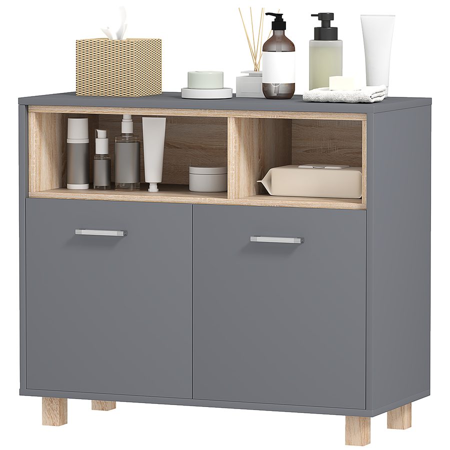 HOMCOM Badezimmerschrank Aufbewahrung, modernes Design mit offenen Fächern und Doppeltüren, Badezimmerschrank, Wohnzimmer, Küche - 80 B x 35 T x 70 H cm, Grau   Aosom von HOMCOM