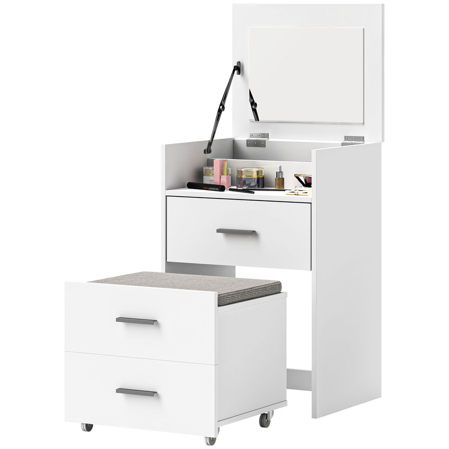 HOMCOM Schminktisch mit Klappbarem Spiegel, Hocker mit Rollen und 2 Schubladen, Schminktisch aus MDF und Hocker mit abnehmbarem und waschbarem Samtstoffkissen, Weiß   Aosom von HOMCOM