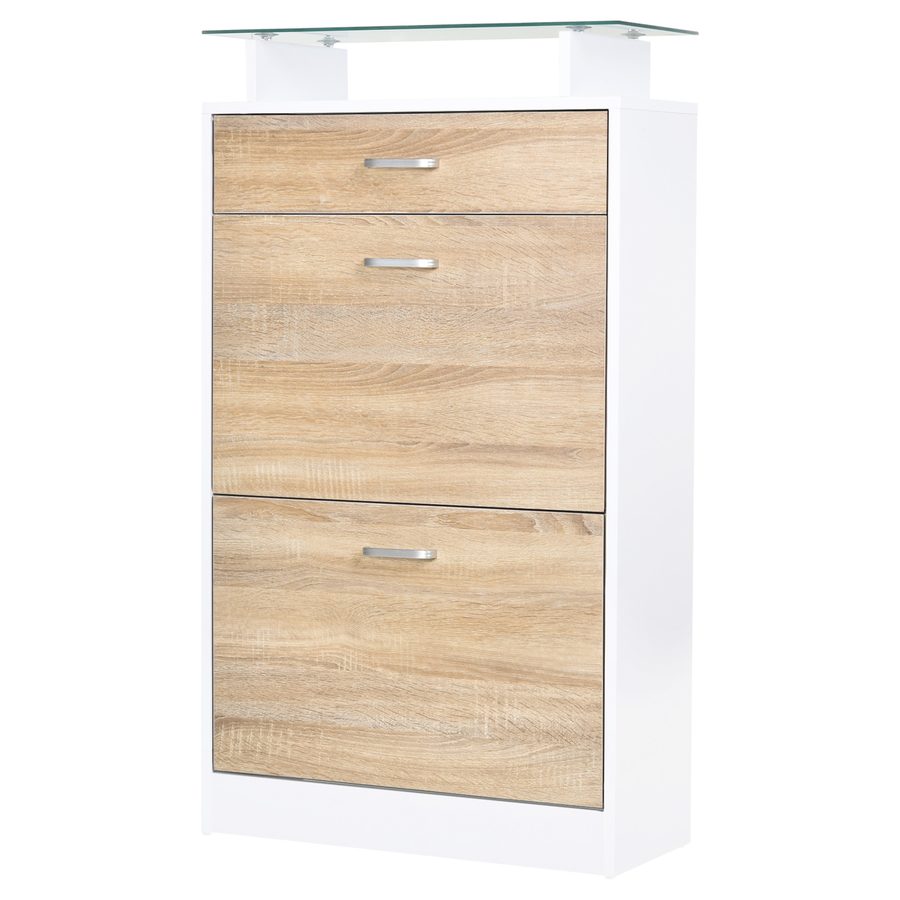 HOMCOM Schuhschrank Schuhregal 2 klappbare Türen 2 Fachböden, Schublade, Glasplatte - Holz Hellbraun Weiß   Aosom von HOMCOM