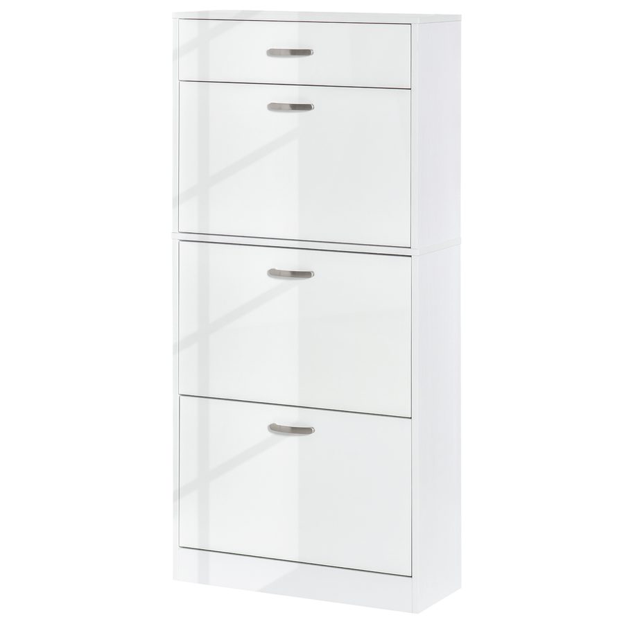 HOMCOM Schuhschrank - 3 klappbare Türen und ausziehbare Schublade - Maße 62L x 24B x 135H cm - Aluminiumgriffe Spanplatten Weiß   Aosom von HOMCOM