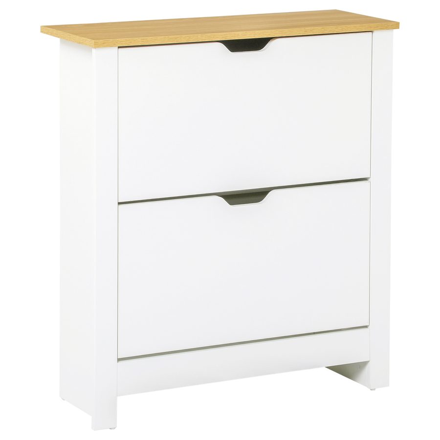 HOMCOM Schuhschrank Schuhkipper Schuhregal 2 Klappen für 12 Paar Schuhe platzsparend Schuhständer für Flur und Eingangsbereich Spanplatte Weiß+Natur 72 x 26 x 80 cm   Aosom von HOMCOM