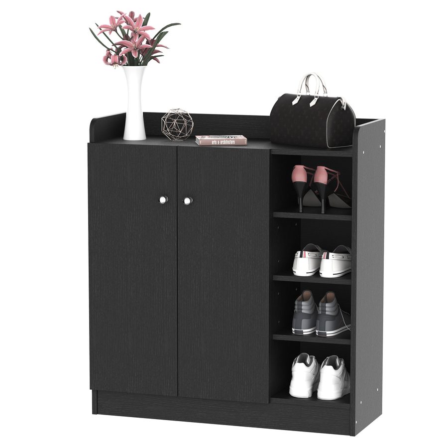 HOMCOM Schuhschrank für den Eingangsbereich - Schuhschrank mit 4 offenen Fächern und doppelter Schranktür - verstellbares Regal - 83L x 30B x 90H cm - Schwarz   Aosom von HOMCOM