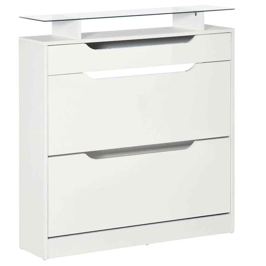 HOMCOM Schuhschrank Schuhregal mit 3 Schubladen und Klapptür, verstellbares Regal für 14 Paar, Hochglanz Weiß 89 x 23 x 96 cm, großer Stauraum   Aosom.de von HOMCOM