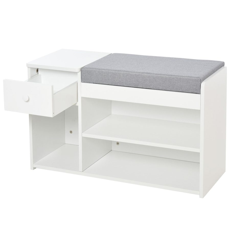 HOMCOM Schuhschrank Schuhschrank 2 Ebenen Aufbewahrung, Nische, Schublade, integrierte Truhe mit grauem weißen Kissen   Aosom von HOMCOM