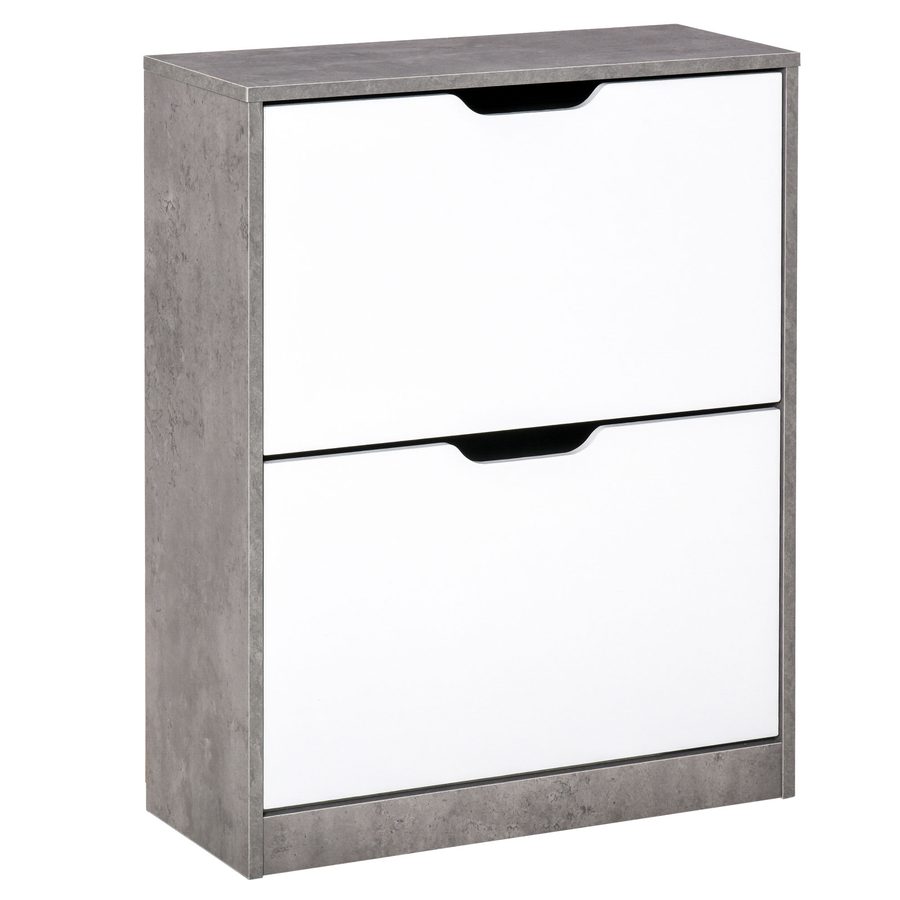 HOMCOM Schuhschrank Schuhregal Schuhbank mit 2 Kippschubladen Einfaches Design E1 Spanplatte Grau+Weiß 62,5 x 26 x 81 cm   Aosom von HOMCOM