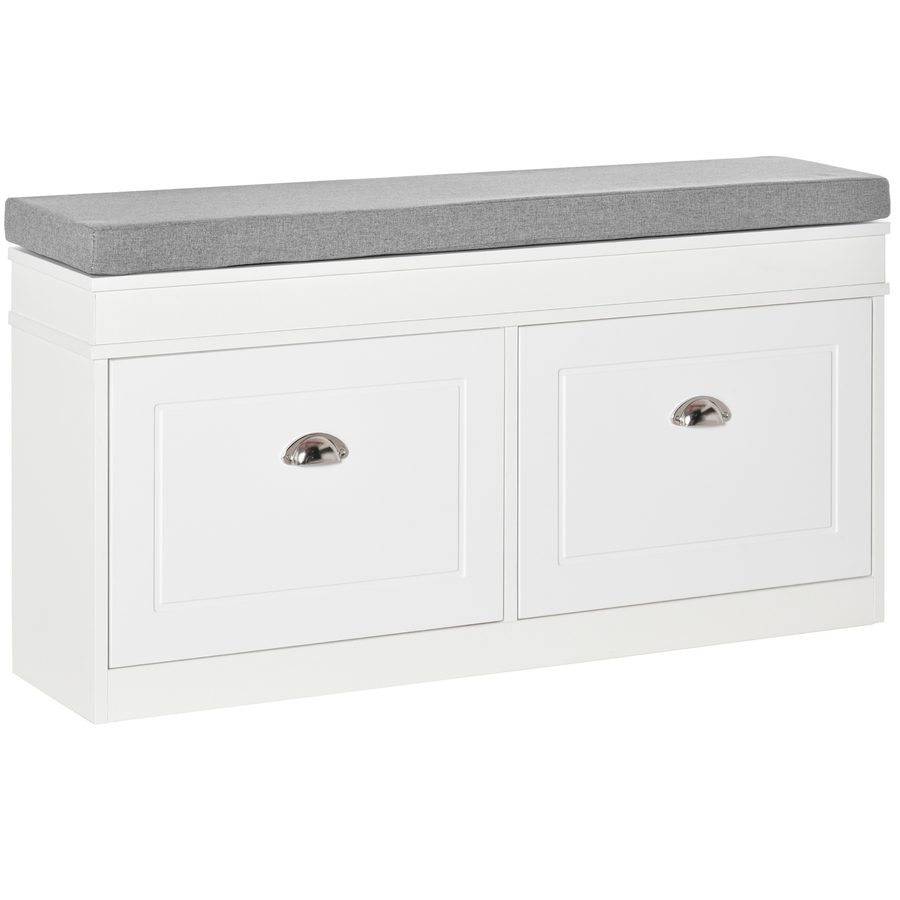 HOMCOM Schuhregal Schuhbank mit Kissen und 2 Schubladen Spanplatte MDF Polyester Schaumstoff Weiß+Grau 104 x 24 x 55 cm   Aosom von HOMCOM