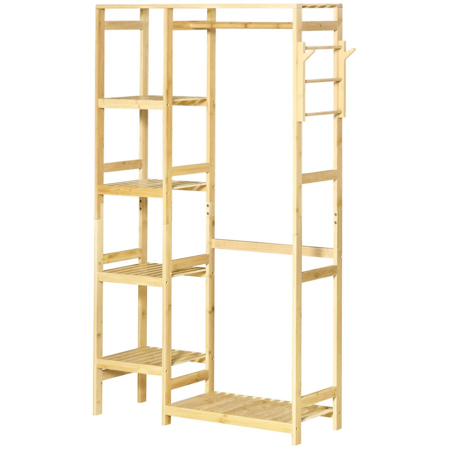 HOMCOM Kleiderständer aus Bambus mit Regalen, Stange und 2 Haken - Maße 90B x 30T x 155H cm   Aosom von HOMCOM