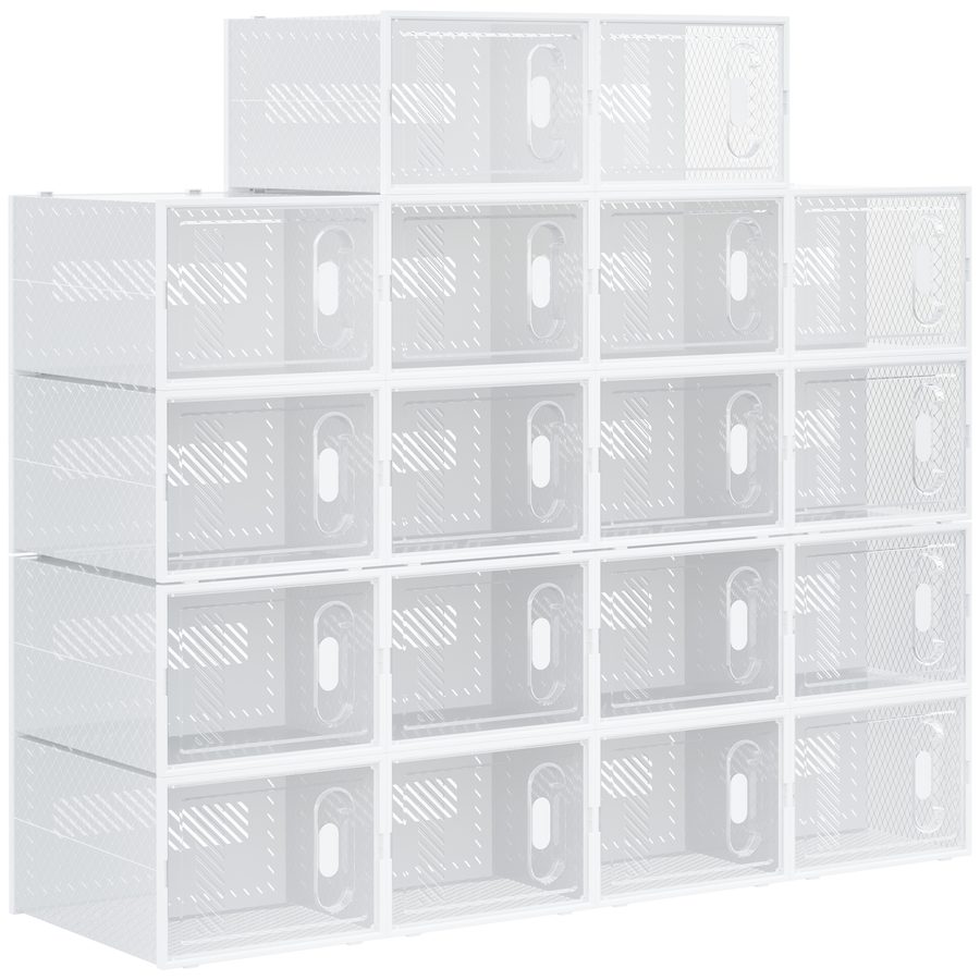 HOMCOM 18er Set Schuhboxen, Schuh-Organizer mit magnetischen Türen, Schuhkarton mit Deckel, Schuhaufbewahrung aus Kunststoff, für Schuhe bis Größe 45, Transparent+Weiß   Aosom von HOMCOM