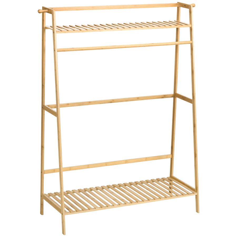 HOMCOM Kleiderständer Garderobe mit 2 Regalen, 2 Haken und 1 Kleiderstange aus Bambus - Maße 114L x 40B x 139H cm Naturholz   Aosom von HOMCOM
