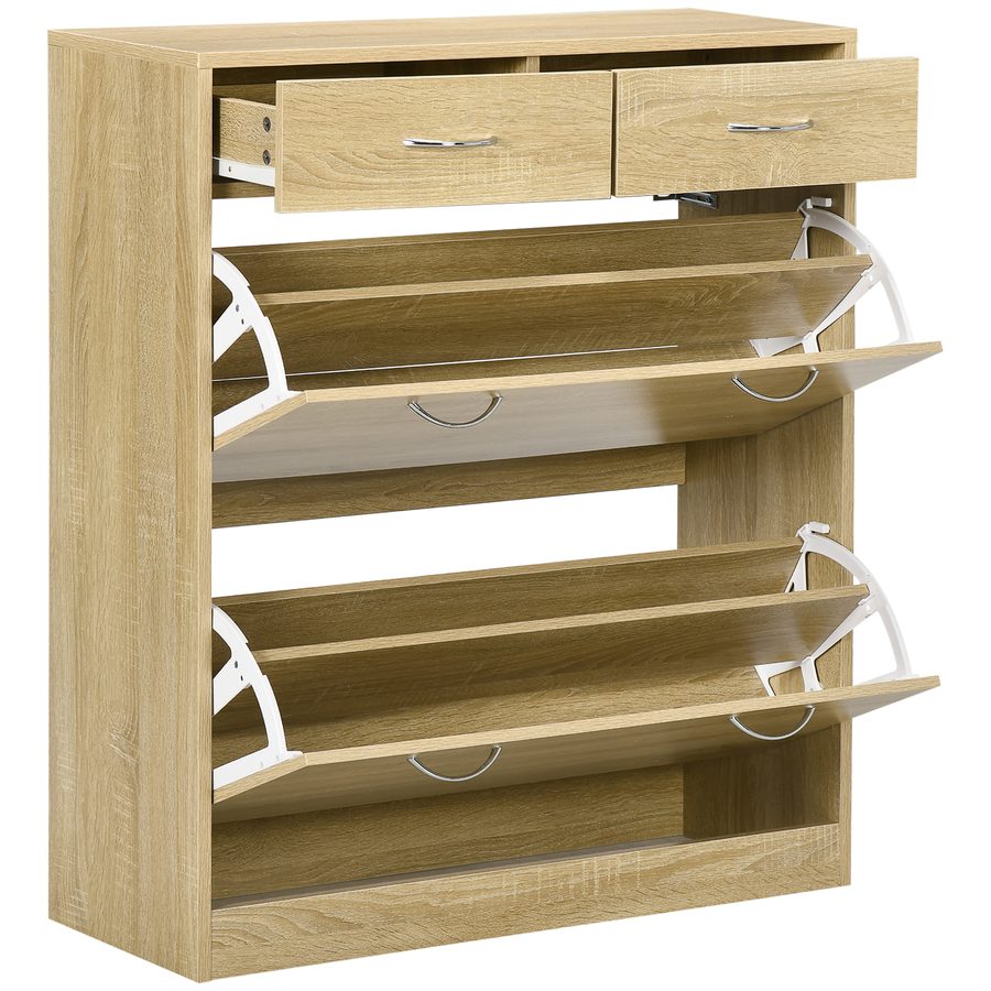 HOMCOM Schuhschrank Schuhablage - 2 Schubladen und 2 klappbare Türen mit verstellbarem Regal - 80 x 30 x 91,5 cm - Griffe aus Alu. Natur   Aosom von HOMCOM