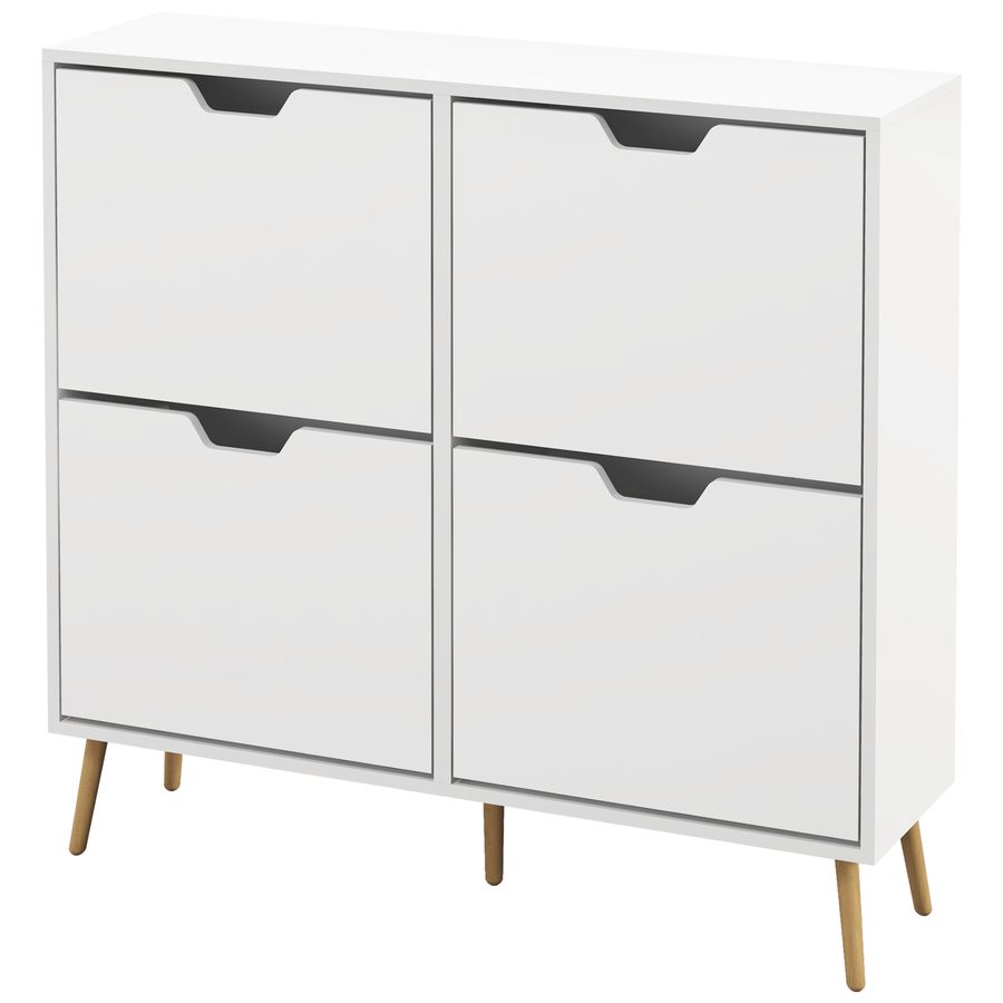 HOMCOM Schuhschrank 4 Klappen, Schuhregal 16 Paare, mit verstellbarem Regal, Kiefernholzfüßen, Schuhaufbewahrung, großer Kapazität für Flur, Eingang, 95 x 26 x 95 cm, weiß   Aosom von HOMCOM