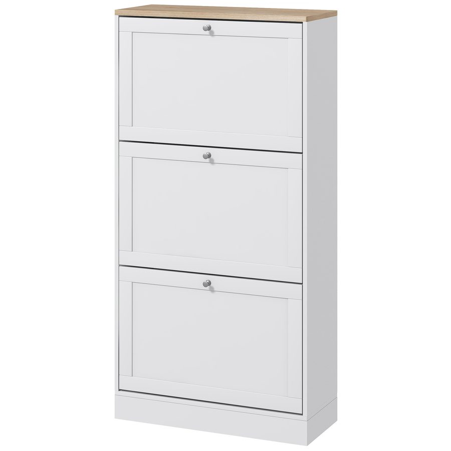 HOMCOM Schuhschrank Schuhregal im skandinavischen Stil 3 Klappentüren 18 Paar Schuhe 60 x 23,5 x 115 cm Weiß Holzoptik   Aosom von HOMCOM