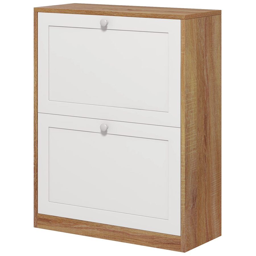 HOMCOM Schuhschrank Slim mit 3 Verstellbaren Regalen auf 2 Ebenen oder Entfernbar für 12 Paare, Schuhschrank aus Spanplatte und MDF Platzsparend, 60x24.5x75.5 cm, Weiß und Eiche   Aosom von HOMCOM