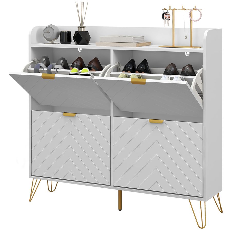HOMCOM Schuhschrank 4 abklappbare, Schuhaufbewahrungsschrank, mit verstellbarem Regal, Schuhaufbewahrung, großer Kapazität für Flur, Eingang, 106 x 24 x 102 cm, weiß   Aosom von HOMCOM