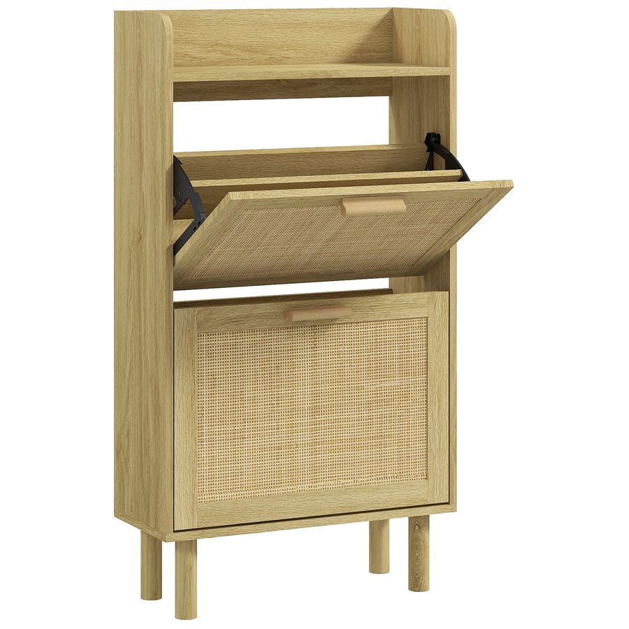 HOMCOM Schuhschrank Schuhregal Schrank 2 Schwenktüren 12 Paare, geflochtene Rattan-Optik Bohème Design - Maße 80L x 24,5B x 110H cm Eiche   Aosom von HOMCOM