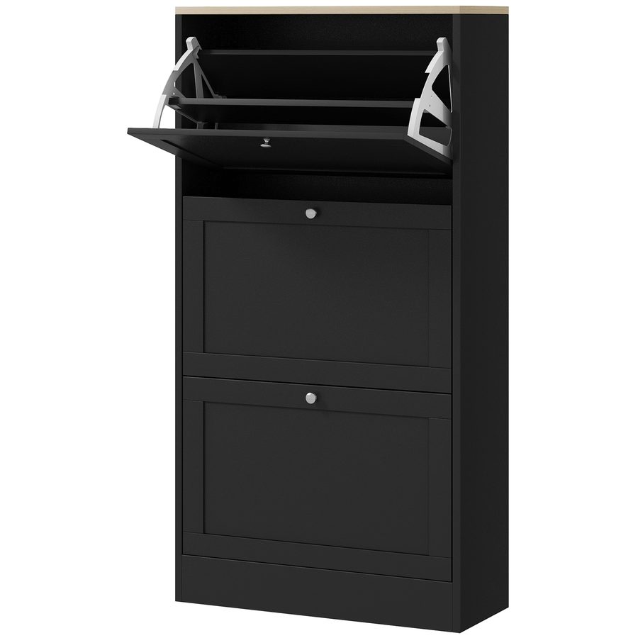 HOMCOM Schuhschrank Schuhregal im skandinavischen Stil mit 3 klappbaren Türen für 18 Paar Schuhe 60 x 23,5 x 115 cm Schwarz in Holzoptik   Aosom von HOMCOM
