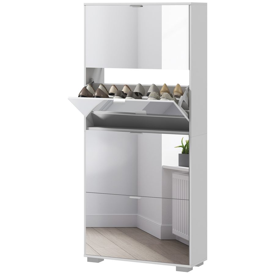 HOMCOM Schuhschrank 2 in 1 Schmaler Schuhschrank mit Spiegelfronten, 4 klapptüren, verstellbare Regale, platzsparend, 76B x 26T x 168H cm weiß   Aosom von HOMCOM