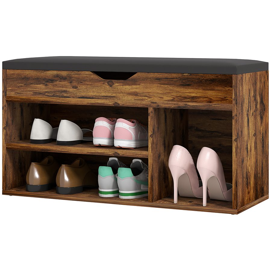 HOMCOM Schuhschrank Schuhbank mit 2 Ebenen, Fach + integrierte Truhe mit Kissen in Mahagoni-Effektholz   Aosom von HOMCOM