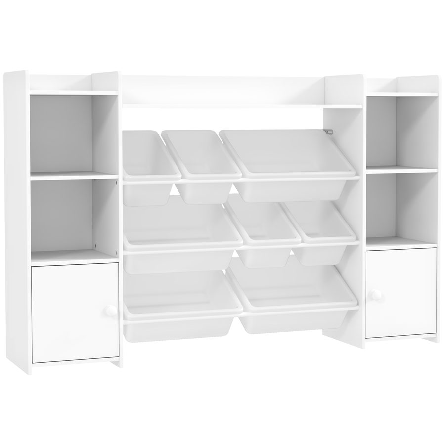 AIYAPLAY Kinderregal Spielzeugregal mit 8 herausnehmbaren Boxen, 4 offenen Fächern, 2 Schränkfach, Kinder Bücherregal für Kinderzimmer, Kindergarten, 140 x 30 x 90 cm, Weiß   Aosom von AIYAPLAY