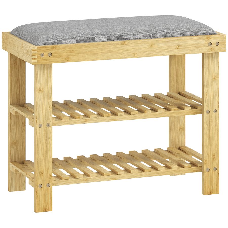 HOMCOM Schuhbank mit Sitzfläche, Bambus Sitzbank mit Stauraum, Schuhregal mit 2 offene Fächer, Sitzbank, Bank, Garderobenbank für Wohnzimmer, Flur, 60 x 29 x 49 cm Grau   Aosom von HOMCOM