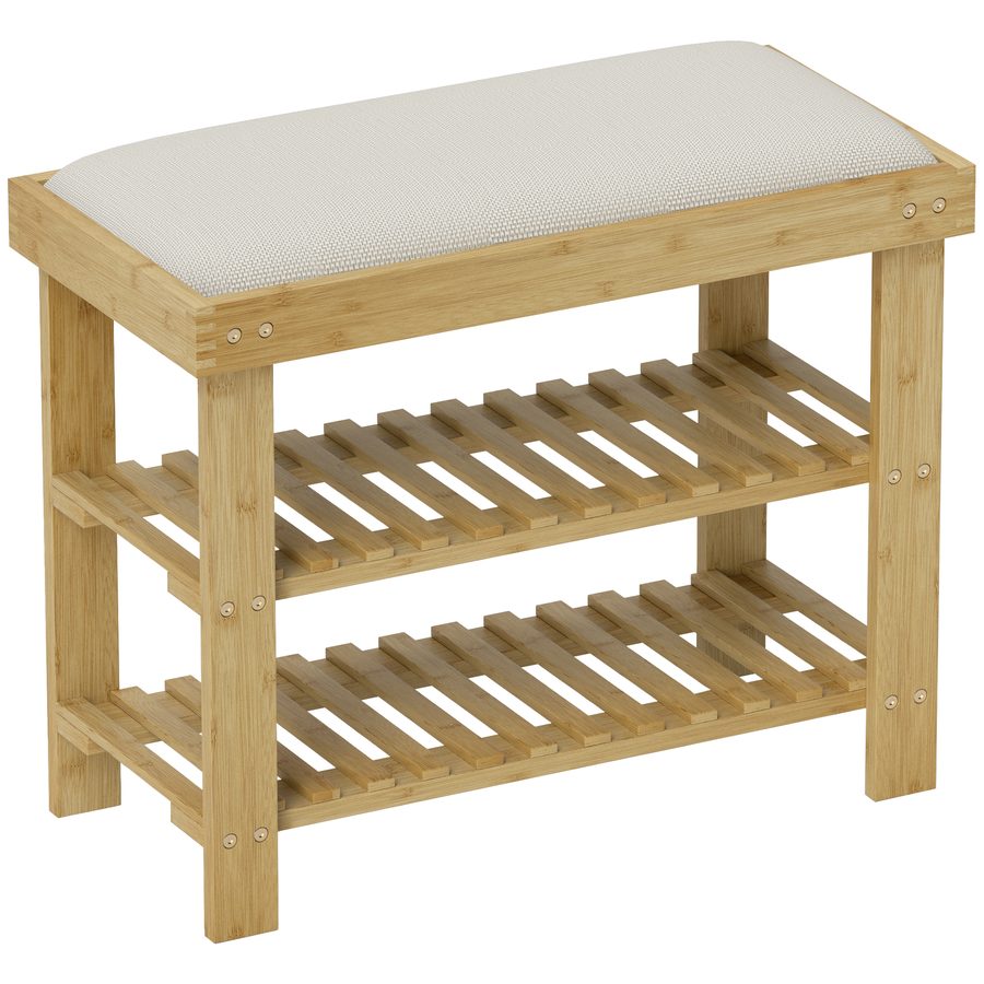 HOMCOM Schuhbank mit Sitzfläche, Bambus Sitzbank mit Stauraum, Schuhregal mit 2 offene Fächer, Sitzbank, Bank, Garderobenbank für Wohnzimmer, Flur, 60 x 29 x 49 cm Cremeweiß   Aosom von HOMCOM
