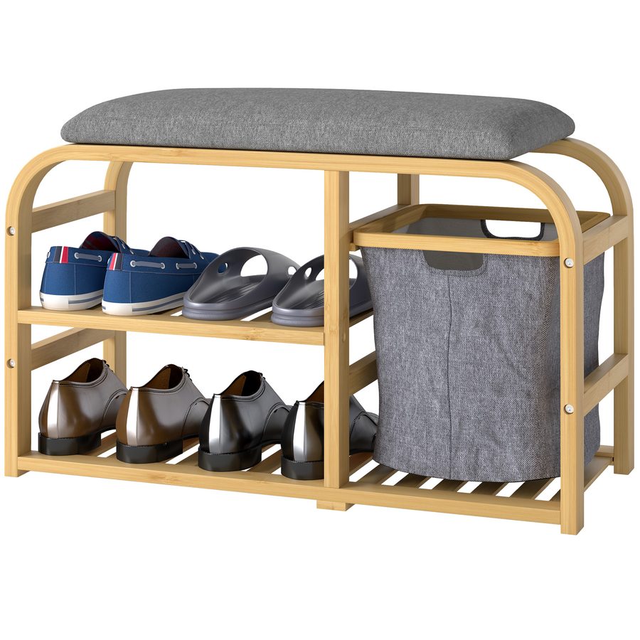 HOMCOM Schuhablagebank mit gepolsterter Sitzbank, Schuhschrank mit Latten-Design und herausnehmbarem Korb, 70x30x45 cm, Farbe Holz   Aosom von HOMCOM