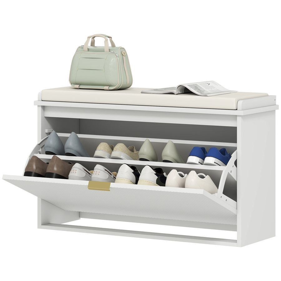 HOMCOM Schuhbank mit Verstellbarem und Abnehmbarem Innenregal, Schuhmöbel aus Holz und Leinenstoff, 80x26x47,5 cm, Weiß und Beige   Aosom von HOMCOM