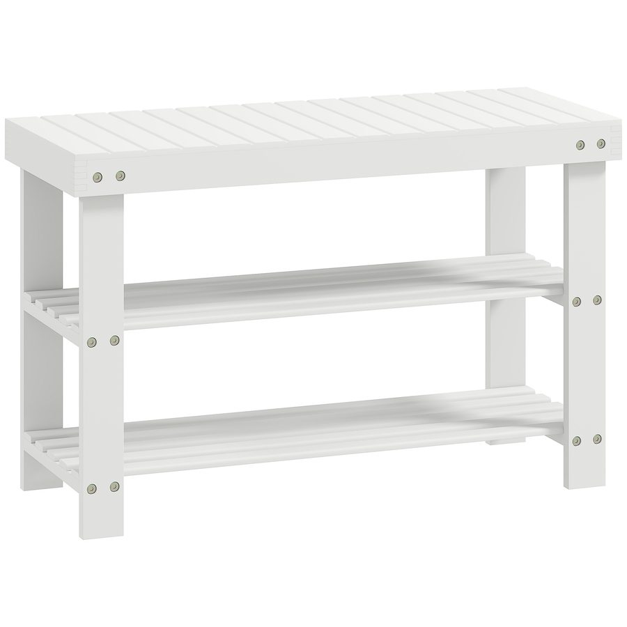 HOMCOM Schuhbank Schuhregal aus Bambus mit Sitzfläche Sitzbank mit Stauraum, 2 Ablagen Flurbank für Wohnzimmer, Flur, 70 x 28 x 45 cm, Weiß   Aosom von HOMCOM