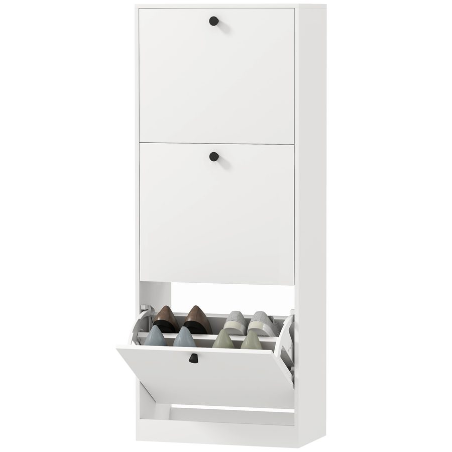 HOMCOM Schuhschrank mit 3 Klappen, Schuhregal mit Verstellbar Trennwand, Schuhkommode Schmal Schuhkipper für 12 Paar Schuhe 47 x 26 x 120 cm, Weiß   Aosom von HOMCOM