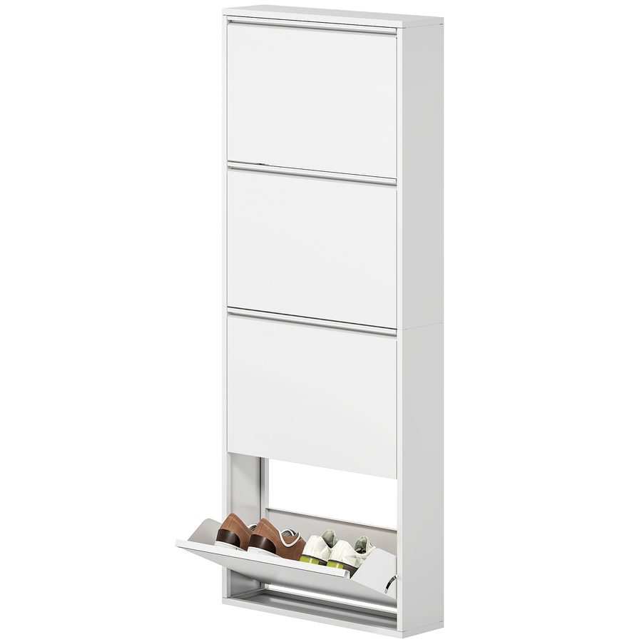 HOMCOM Schuhschrank Metall mit 4 Klappen Schuhkipper Schmal für 8 Paar Schuhe Schuhregal Schuhkommode Schuhablage Wandmontage für Eingangsbereich, Flur 55 x 15 x 139,5 cm Weiß   Aosom von HOMCOM