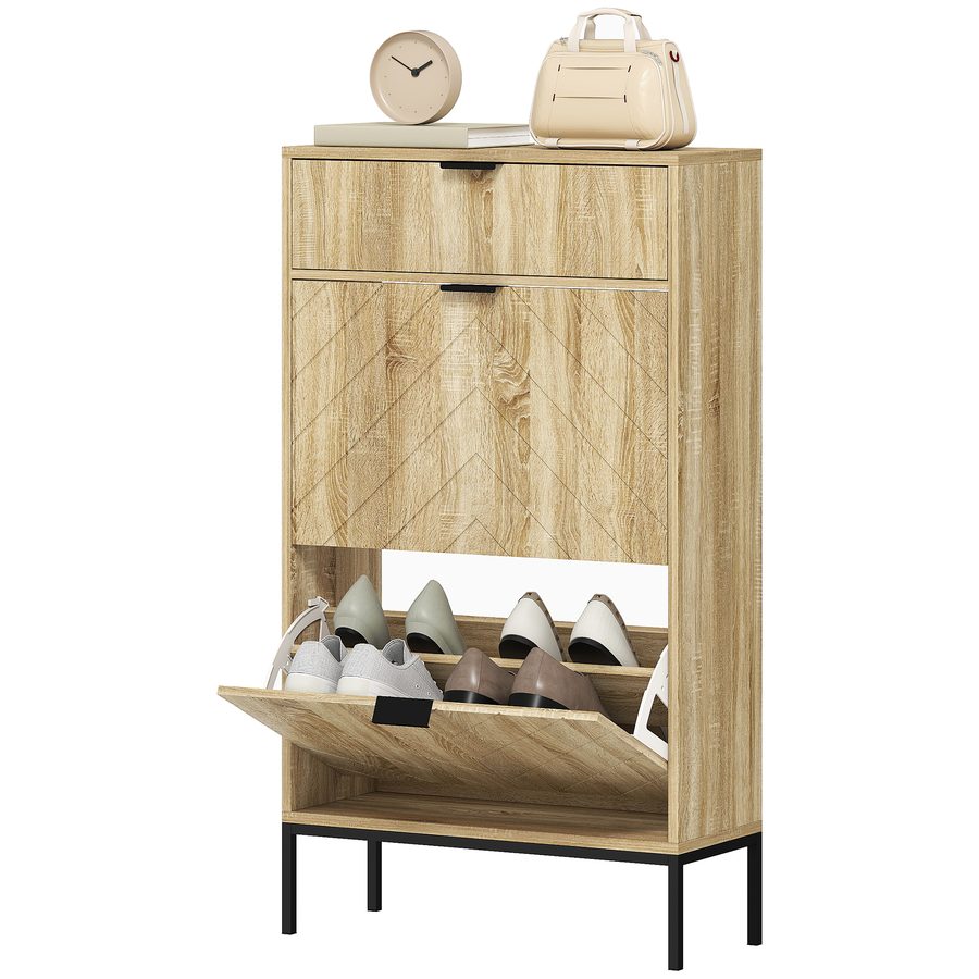 HOMCOM Schuhschrank für 8 Paare, schmaler Schuhschrank, Eingangsmöbel mit herausziehbarer Schublade, 2 klappbare Schubladen und verstellbare Regale, für Flur und Eingang, 60x24x105,5cm, Eiche   Aosom von HOMCOM