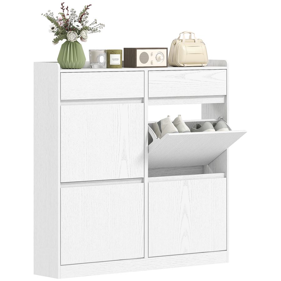 HOMCOM Schuhschrank für 8 Paare, schmaler Schuhschrank für den Eingangsbereich mit 2 Schubladen und 4 klappbaren Schubladen, für Flur und Eingang, 98 x 19,2 x 95,3 cm, weiß   Aosom von HOMCOM