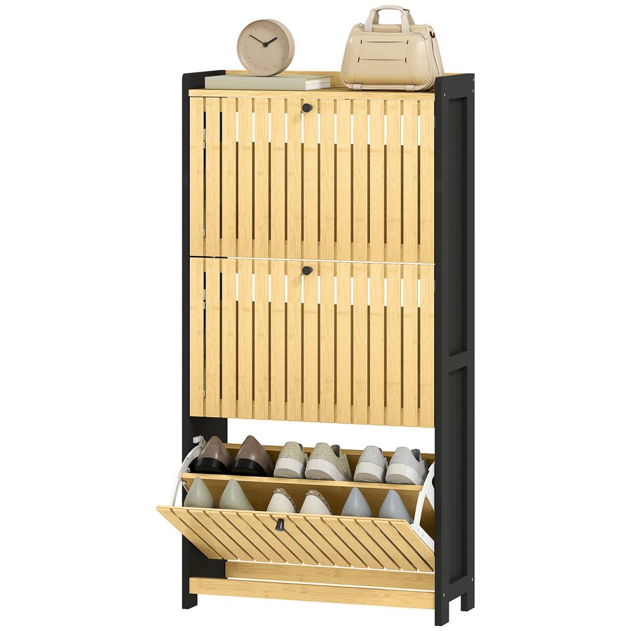 HOMCOM Schuhschrank 18 Paare, schmaler Schuhschrank, Eingangsmöbel mit 3 kippbaren Schubladen, Gittertüren aus Bambus, für Flur und Eingang, 60x24x118cm, Schwarz und Naturholz   Aosom von HOMCOM