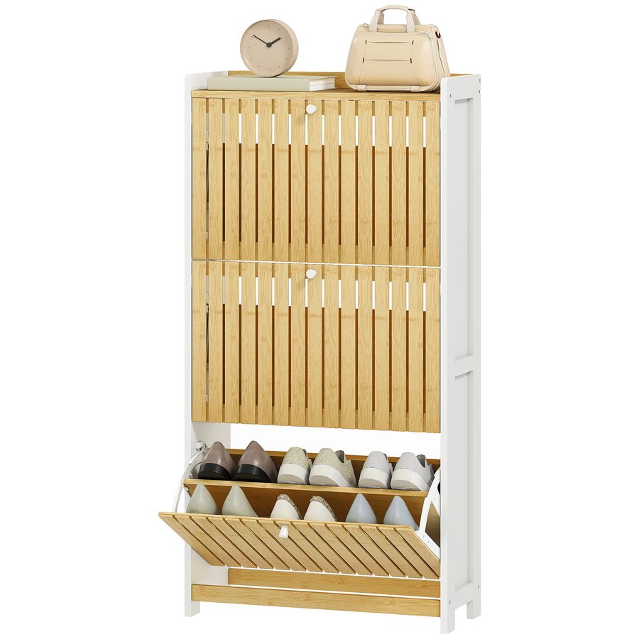 HOMCOM Schuhregal mit 3 Türen aus Bambus mit Lamellen Einstellbare Regale für 18 Paare Schuhe 60x24x118 cm Weiß und Natur   Aosom von HOMCOM