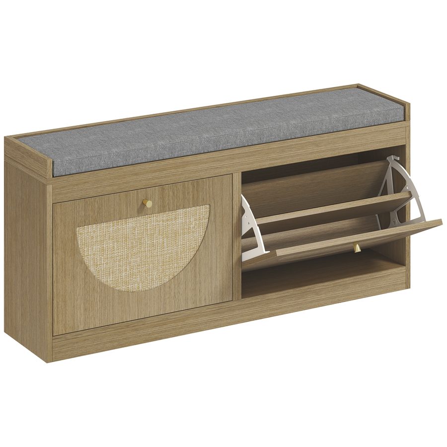 HOMCOM Schuhbank, Boho-Eingangsbank mit gepolstertem Sitz, Rattan-Türen, verstellbares Fach, für 8 Paar Schuhe, 105x35x47 cm, Natur   Aosom von HOMCOM