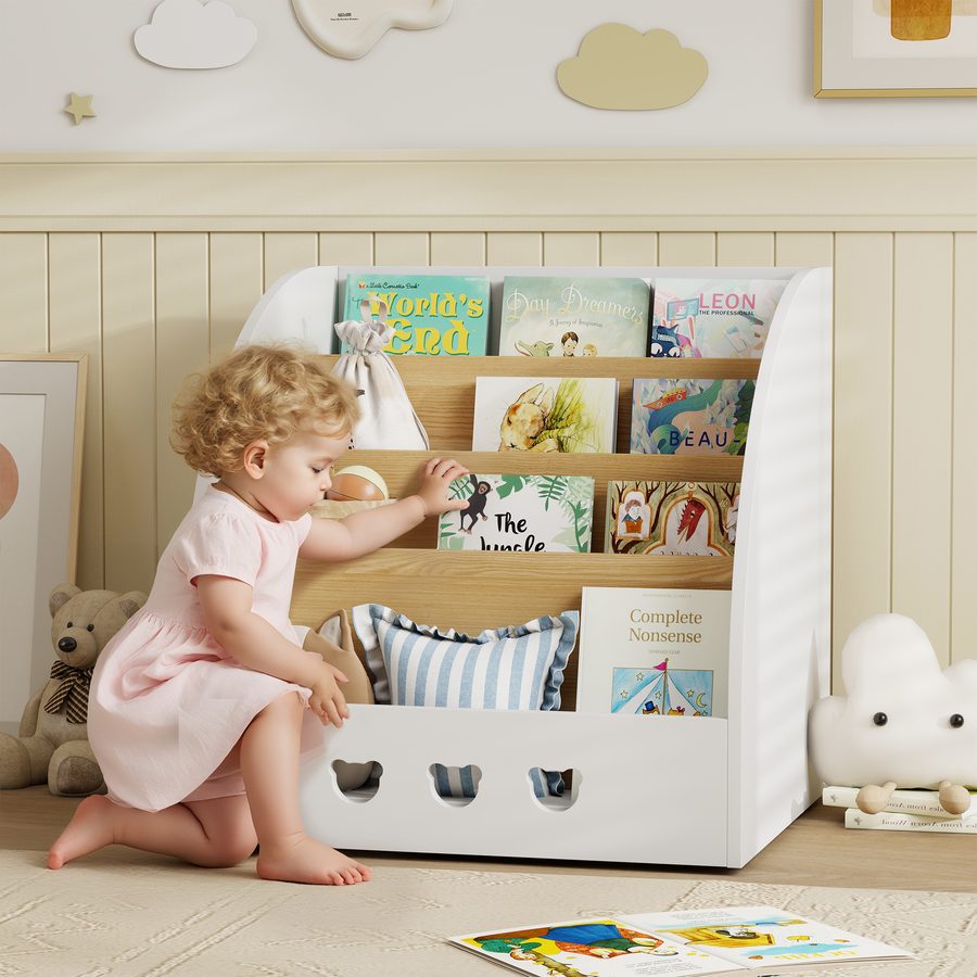 AIYAPLAY Kinderregal für Spielzeug Spielzeugorganisator mit 4 Ebenen und verstecktem Fach für das Kinderzimmer Spielzimmer Kindertagesstätte Weiß und Natur   Aosom von AIYAPLAY