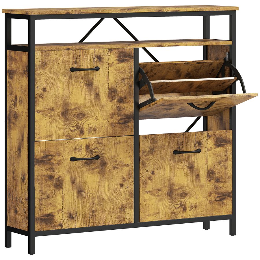 HOMCOM Schuhschrank mit 4 Klappen Schmal Schuhkipper mit Verstellbar Trennwand, offenem Fach Schuhregal für 12-20 Paar Schuhe Schuhaufbewahrung Schuhkommode für Flur, Eingang 98x24x95cm Rustikal Braun   Aosom von HOMCOM
