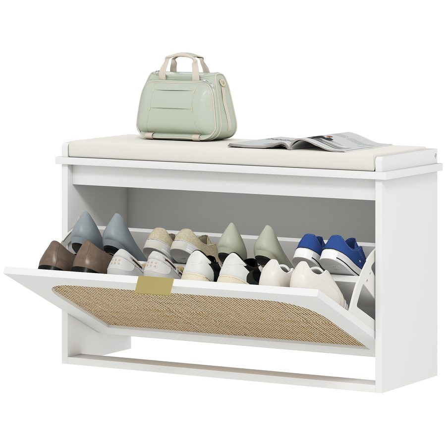 HOMCOM Schuhablagebank, schmaler Aufbewahrungsbank, gepolsterte Sitzfläche, klappbare Schublade, Tür aus Rattan und höhenverstellbares Regal, bohemien Stil, Bank für Eingangsbereich, Flur, 80 x 26 x 47,5 cm, Weiß   Aosom von HOMCOM