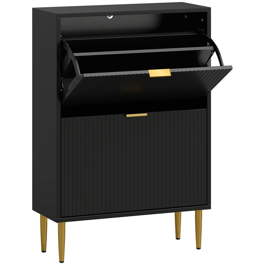 HOMCOM Schuhschrank 12 Paar, schmaler moderner Schuhschrank mit 2 klappbaren Schubladen, gerillten Paneeltüren und verstellbaren Einlegeböden, für Flur und Eingangsbereich, 60 x 24 x 91,5 cm, schwarz   Aosom von HOMCOM