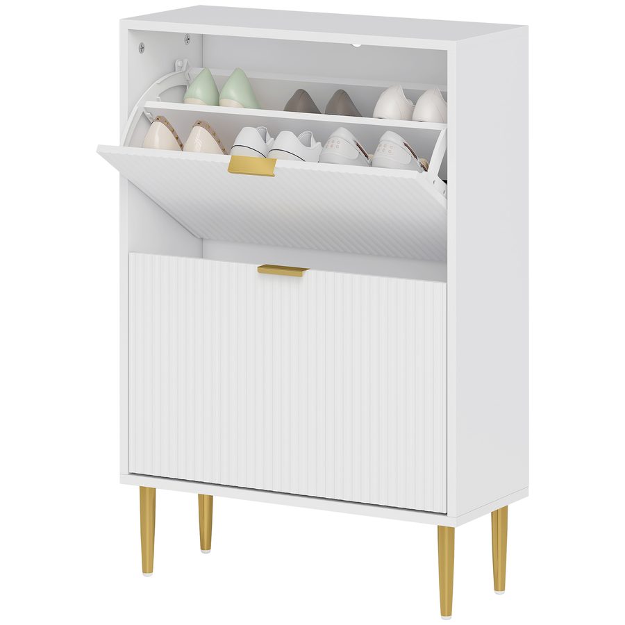 HOMCOM Schuhschrank Platzsparend Slim mit 2 Profil-Türen zum Klappen, Moderner Holzschrank mit Verstellbaren Regalen auf 2 Ebenen, Schuhregal für 12 Paare mit Griff, 60x24x91.5 cm, Weiß   Aosom von HOMCOM