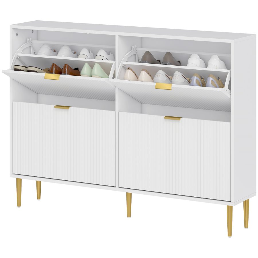 HOMCOM Schuhschrankplatzsparend Slim mit 4 Rillenpaneelklappen, Moderner Holzschuhschrank mit Verstellbaren Regalen auf 2 Ebenen, Schuhregal für 20 Paar mit Griff, 105x24x91.5 cm, Weiß   Aosom von HOMCOM