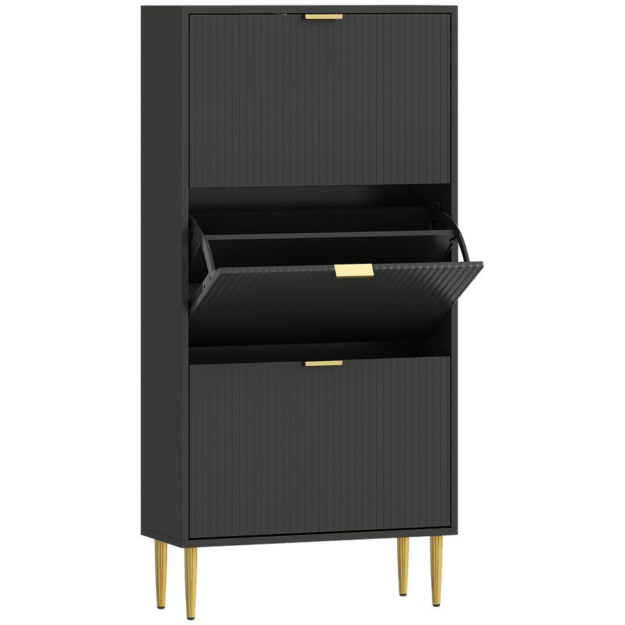 HOMCOM Schuhschrank 18 Paar, schmaler moderner Schuhschrank mit 3 Klappfächern, geriffelte Türen und verstellbare Einlegeböden, für Flur und Eingangsbereich, 60 x 24 x 128 cm, schwarz   Aosom von HOMCOM