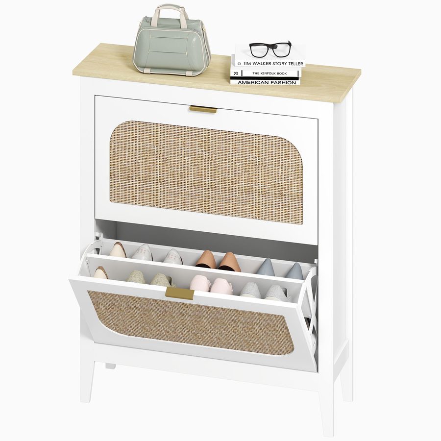 HOMCOM Schuhschrank Estrecho mit 2 Türen aus Rattan Schuhschrank Flur mit verstellbaren Regalen für 14 Paare Schuhe 80x24x95,5 cm Weiß   Aosom von HOMCOM