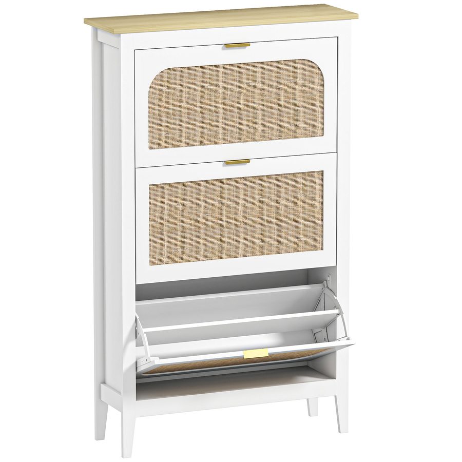 HOMCOM Schuhschrank für 21 Paar Schuhe, schmaler bohème Schuhschrank mit 3 klappbaren Schubladen, Rattantüren und verstellbaren Regalen, für Flur und Eingang, 80x24x131cm, Weiß   Aosom von HOMCOM