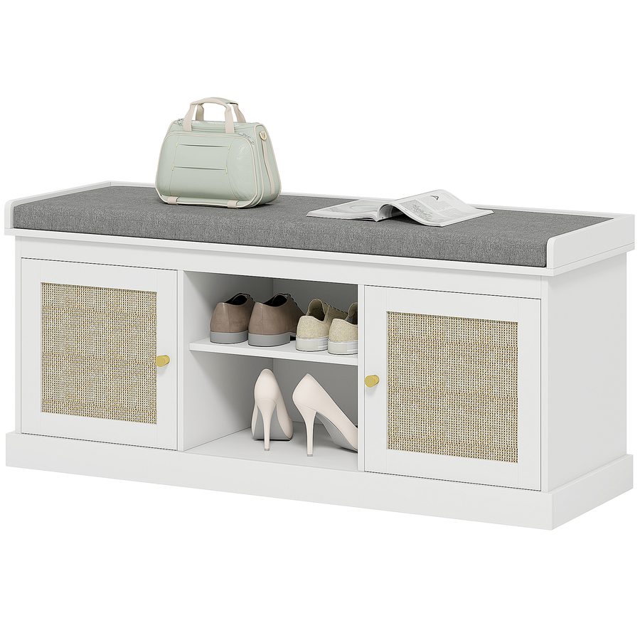 HOMCOM Schuhschrank Bank Schuhaufbewahrung Bohemian Style mit Gepolsterter Sitzfläche Rattan Fronten Verstellbares Regal für 9 Paar Schuhe für Eingangsbereich 105x35x47 cm Weiß   Aosom von HOMCOM
