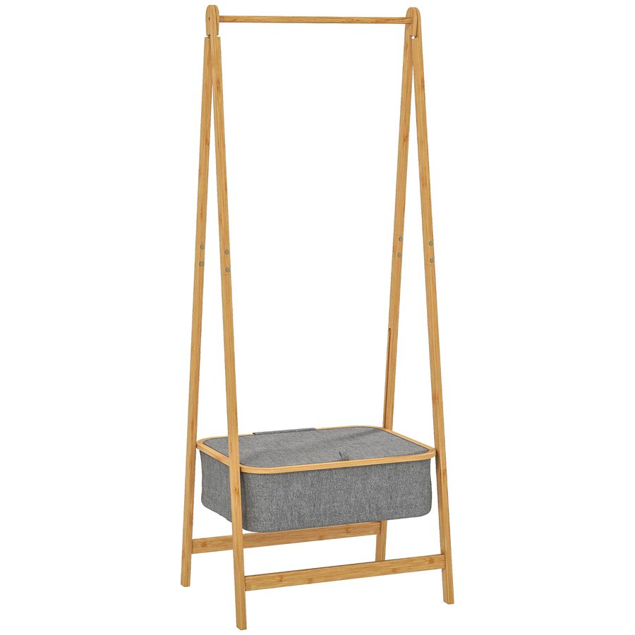 HOMCOM Kleiderbock aus Bambus mit Stoffkorb und Deckel, klappbarer Kleiderständer für Flur, Eingangsbereich, Schlafzimmer, 60x44,5x157,5 cm, Natur und Grau   Aosom von HOMCOM